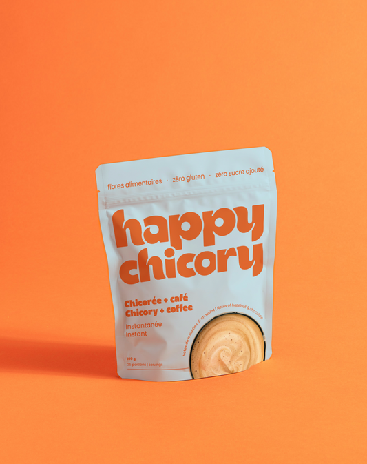 Sac bleu du mélange chicorée-café instantanée de Happy Chicory.